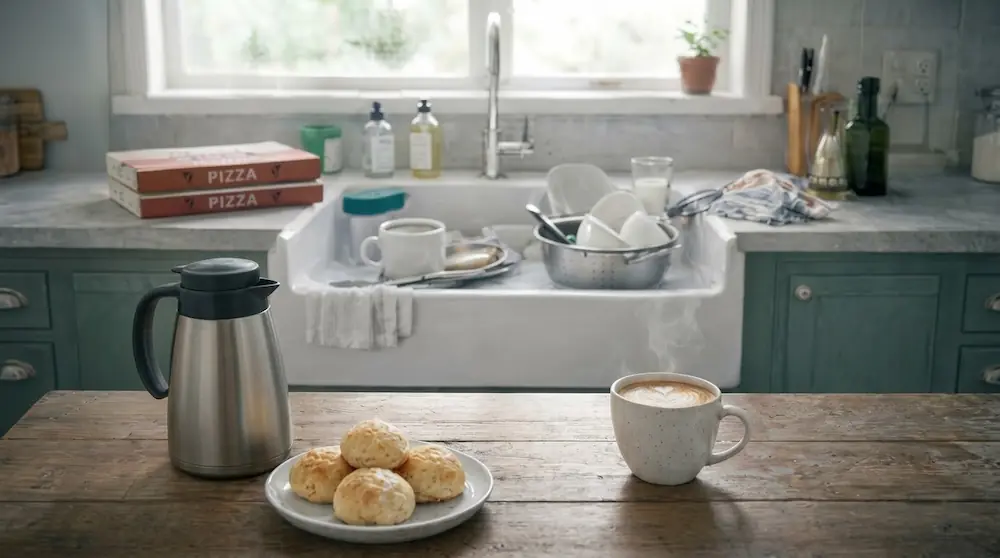 Cana de café fumegante na mesa de madeira com pãezinhos de queijo e a pia cheia de louça para lavar na cozinha ao fundo.
