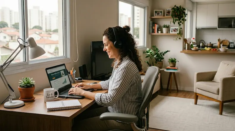 mulher sorridente trabalha no notebook em sua mesa de escritório em casa.