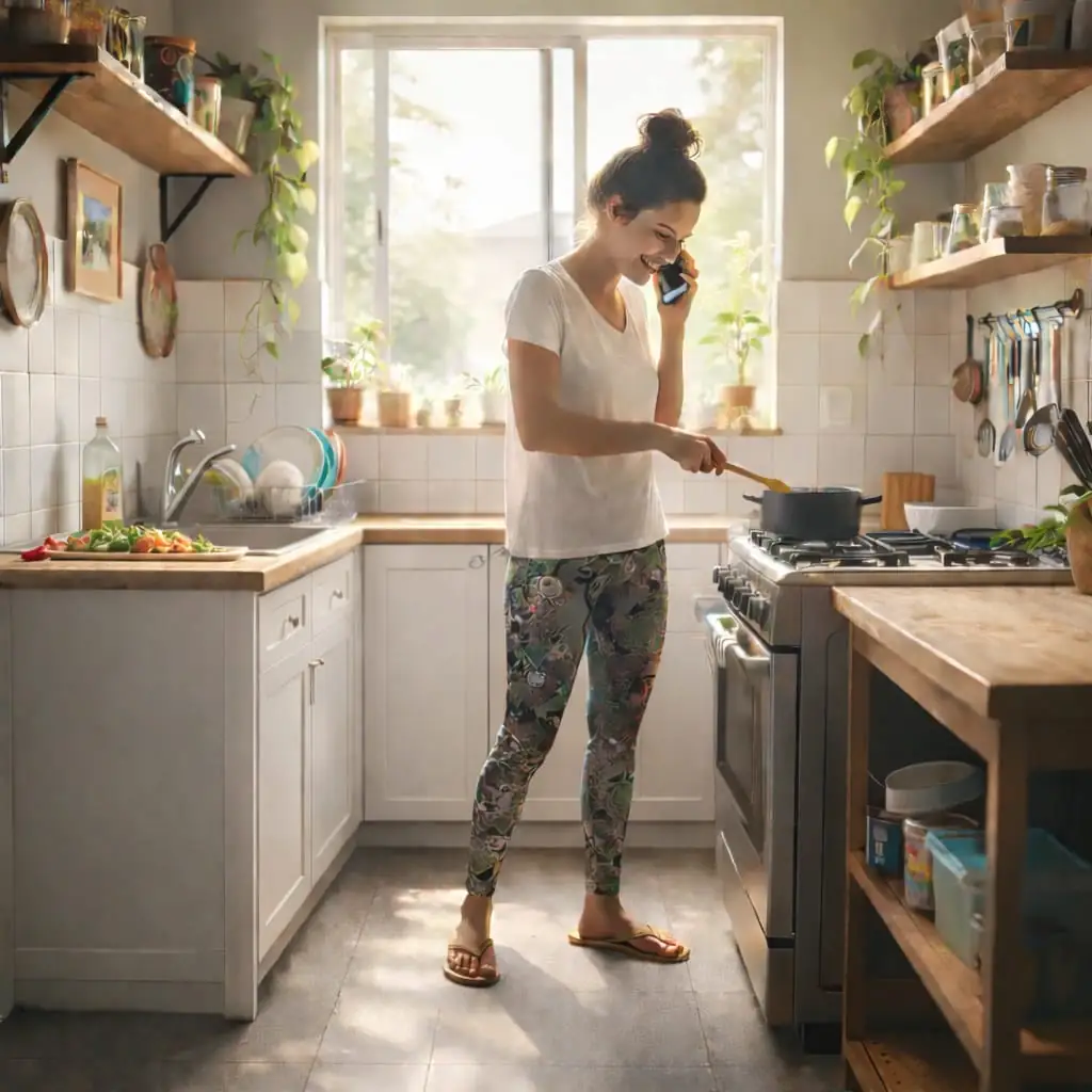 Mulher sorrindo na cozinha ensolarada, mexendo uma panela no fogão enquanto fala ao celular.