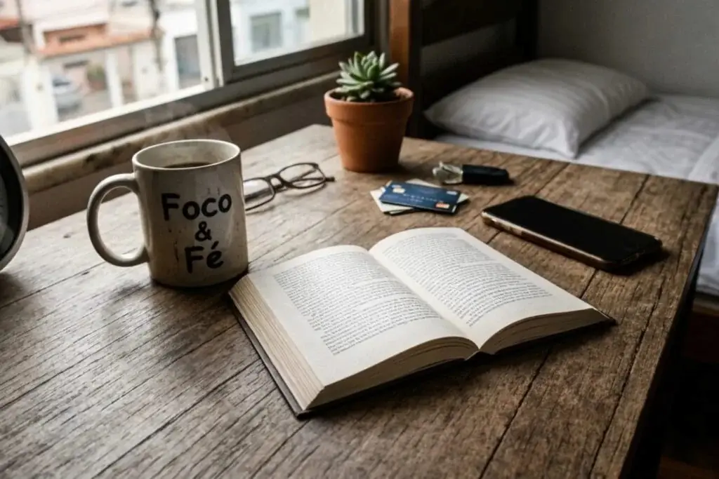 Mesa de madeira com livro aberto, óculos, telefone, cartões e vaso com suculenta ao lado da janela.