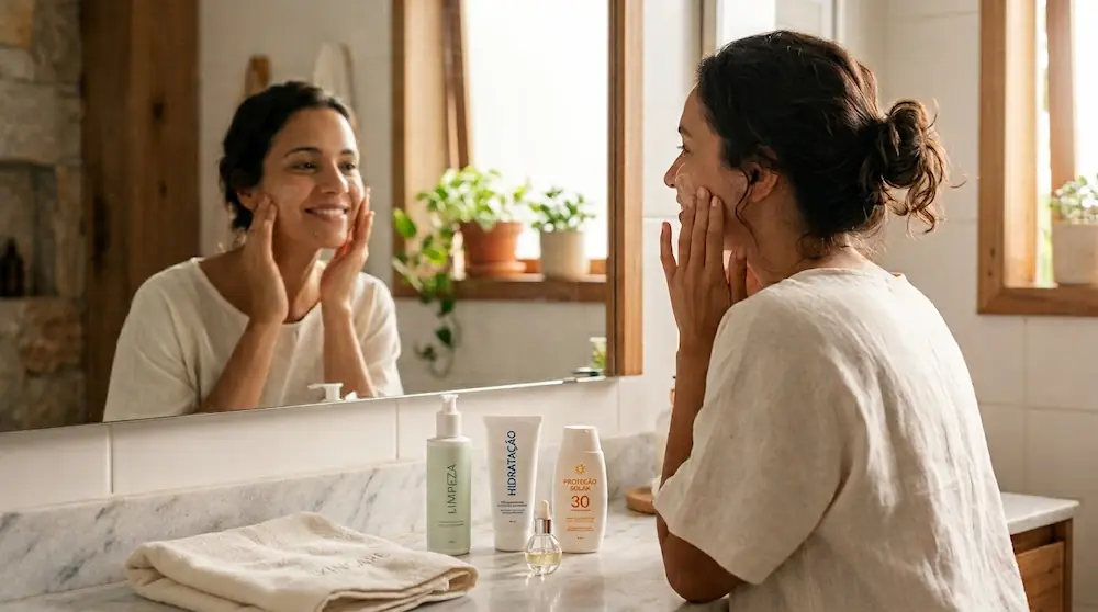 Mulher sorridente em frente ao espelho do banheiro aplicando produto no rosto. Sobre a bancada de mármore estão uma toalha dobrada e frascos de skincare com os rótulos "Limpeza", "Hidratação" e "Proteção Solar".